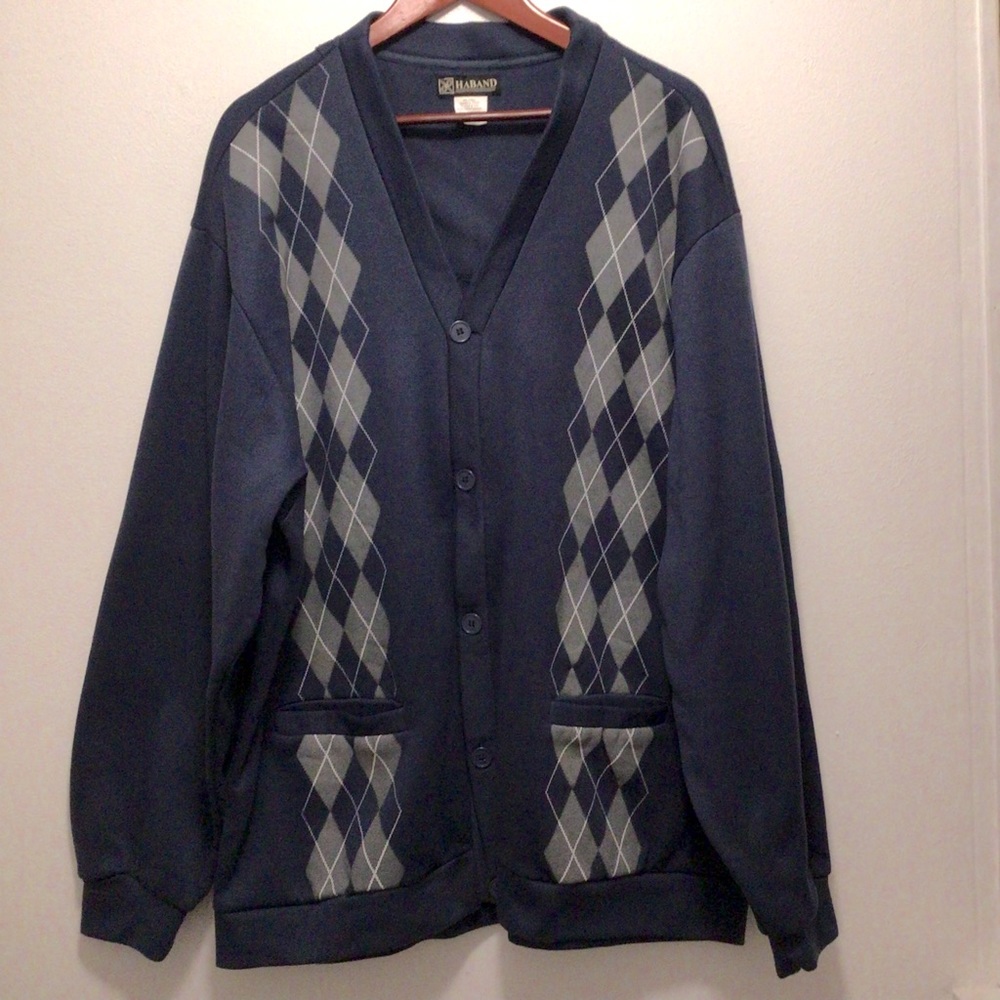 Vintage Haband men’s 4X button front argyle blue/gray 2 pocket cardigan